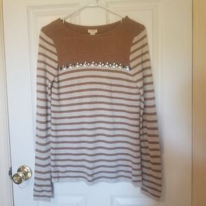 J. Crew Brown White Striped Boat Neck Merino Wool Jeweled Sweater Size XSmall